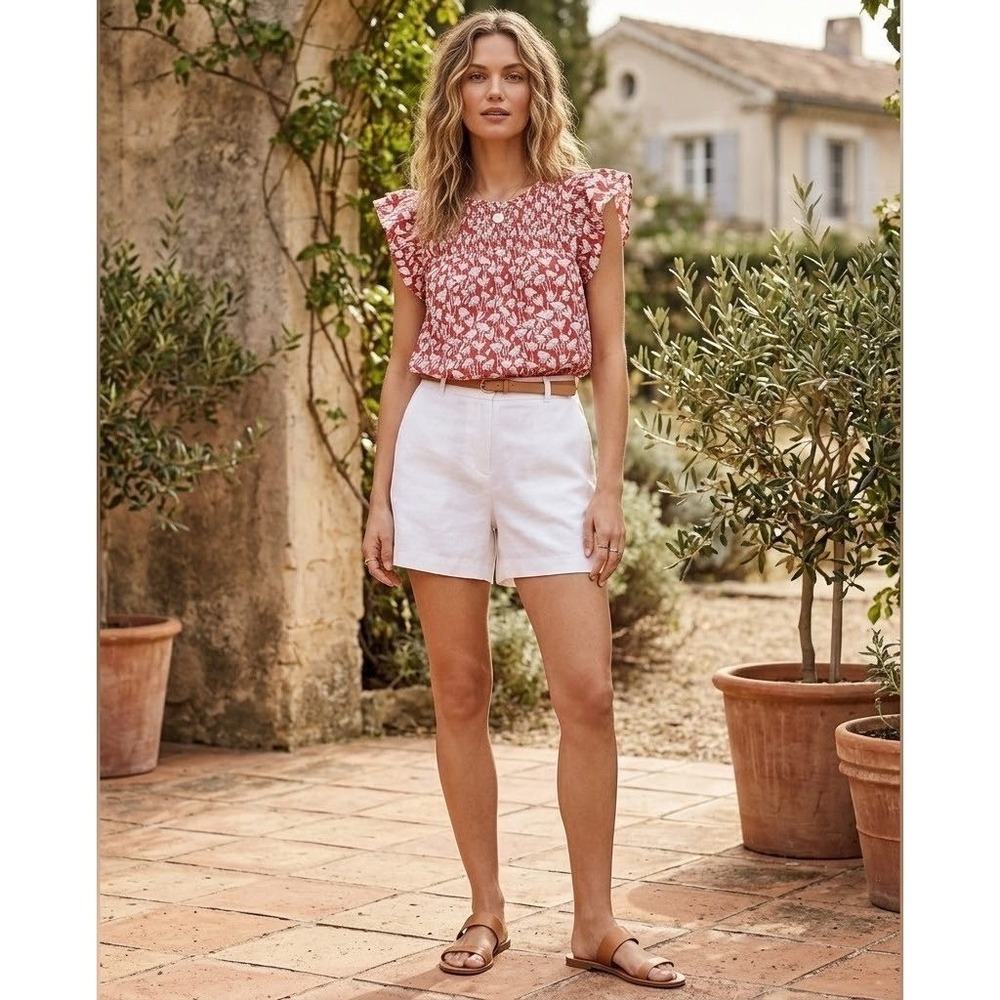 Loft Outlet Red White Floral Smocked Flutter Sleeve Cotton Clip Dot Blouse M